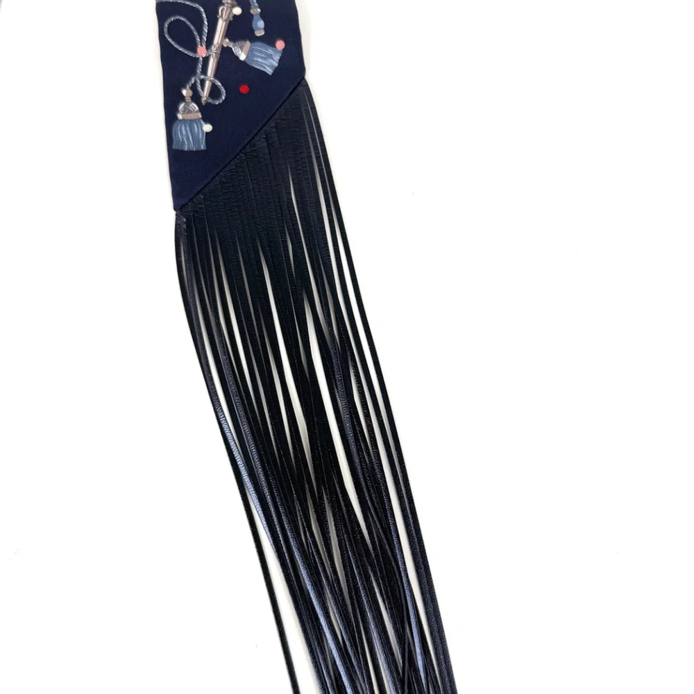 SOLD HERMES Les Cles a Pois Bleu Marine Gris Argent Silk Leather Twilly Scarf - Picture 5 of 9